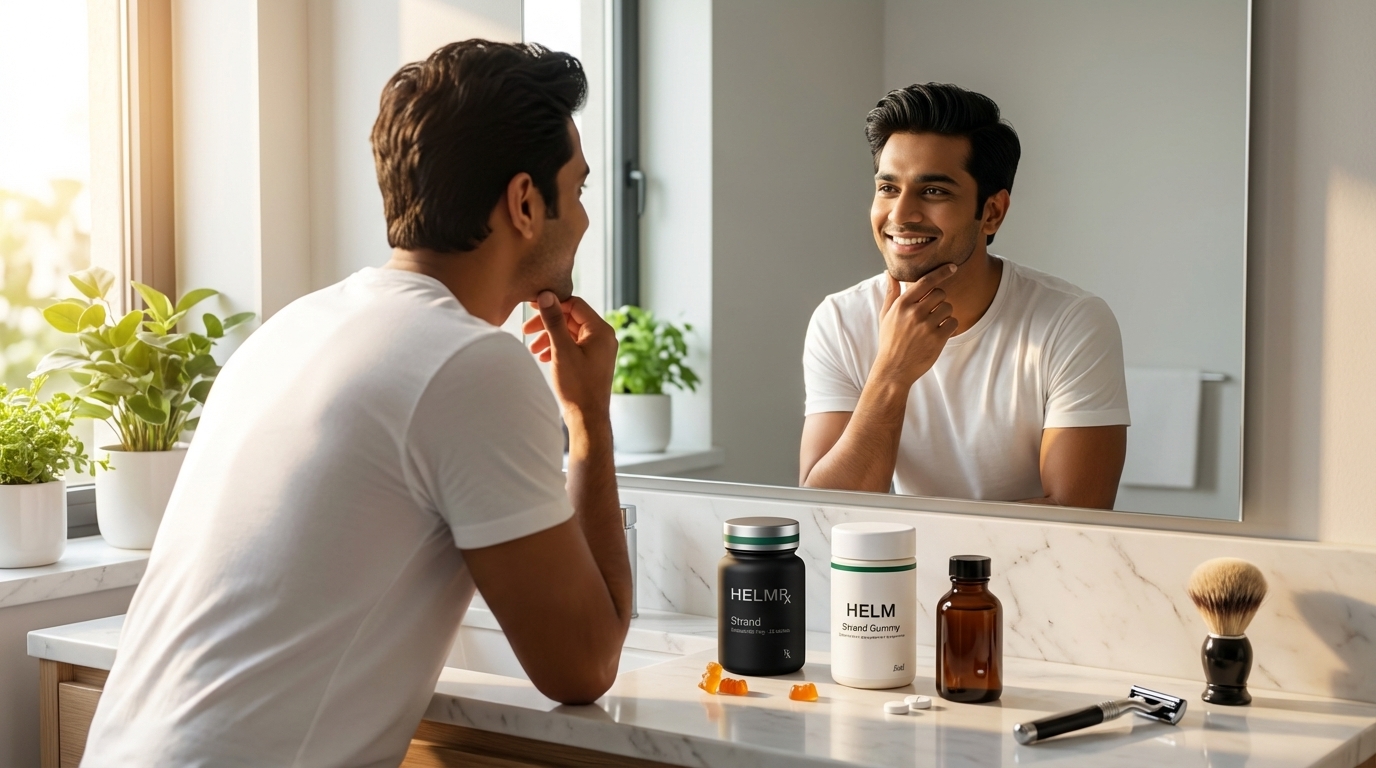 Man in morning routine with HELMRx products