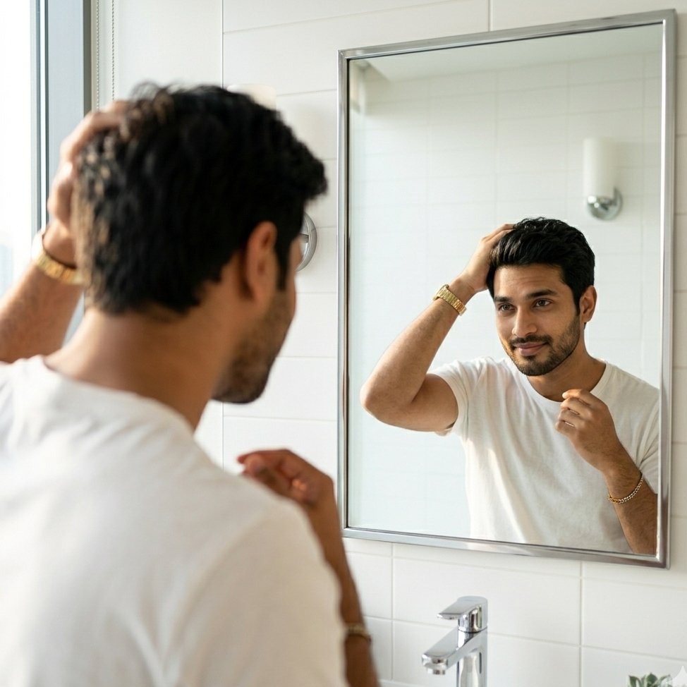 Man checking hair in mirror
