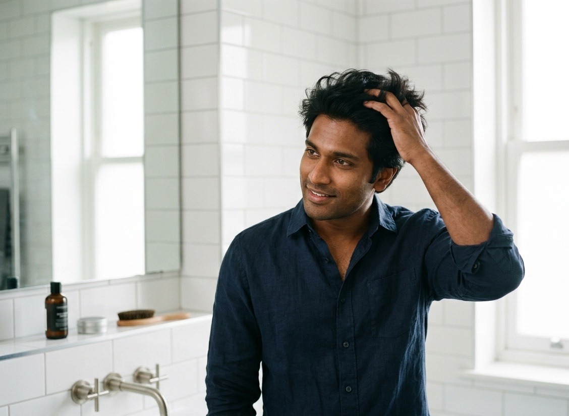 Man checking hair in mirror
