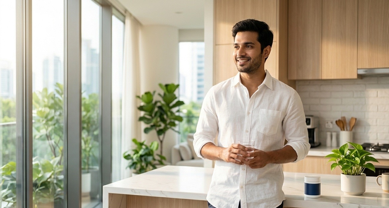 Man in kitchen with supplements