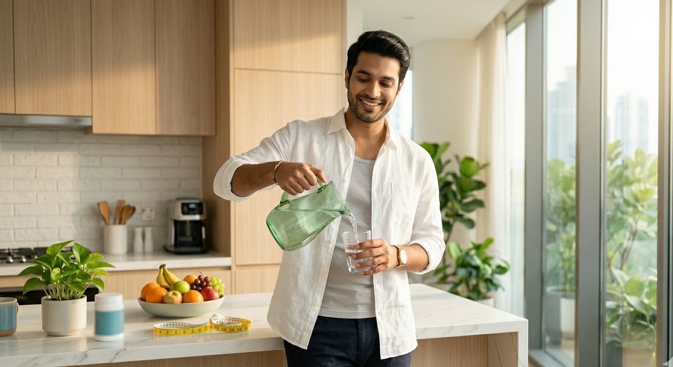 Man in modern kitchen pouring water